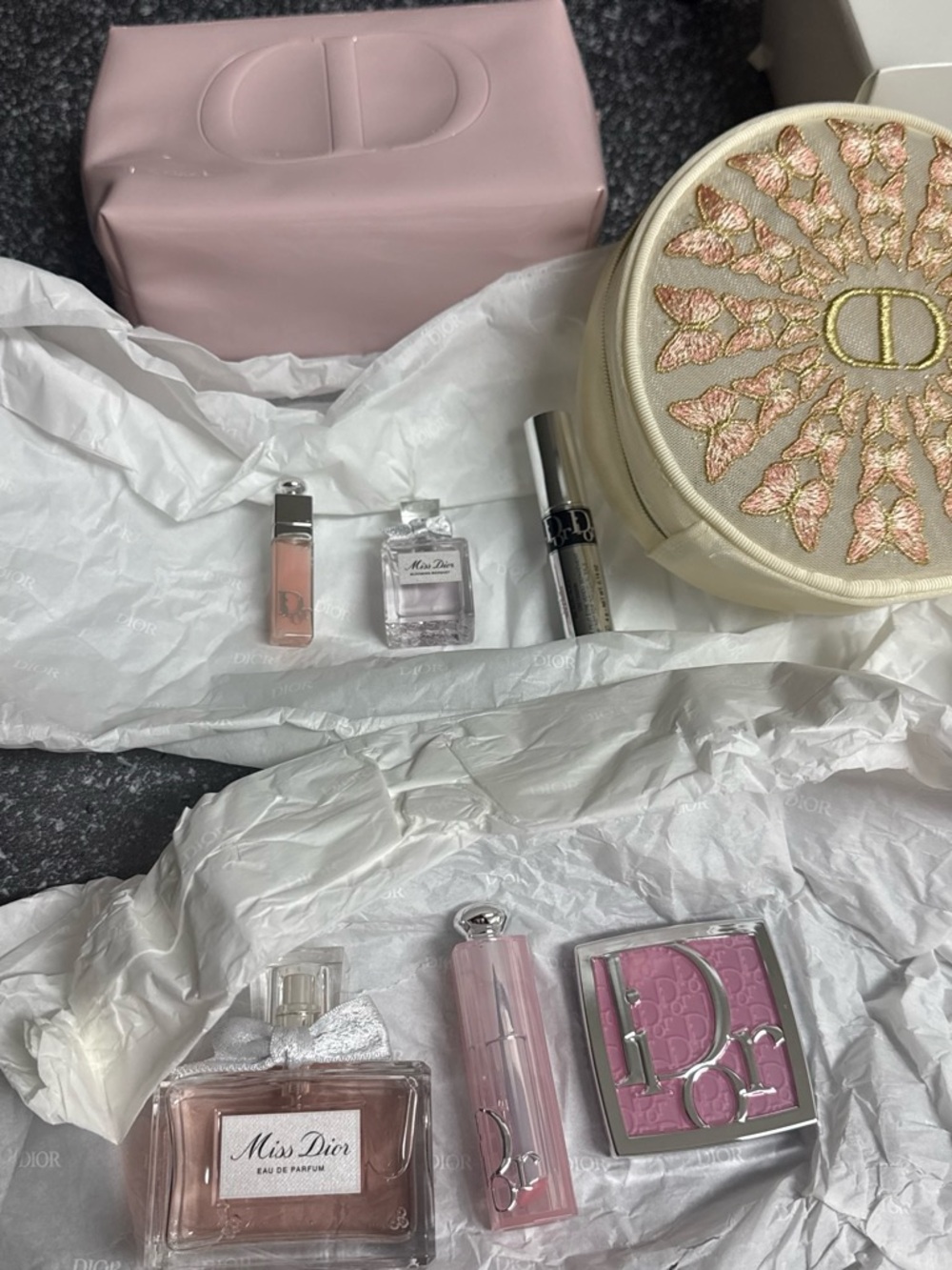 Dior Pink & Cream Cosmetic Pouch Set with Lipstick, Perfume & Accessories